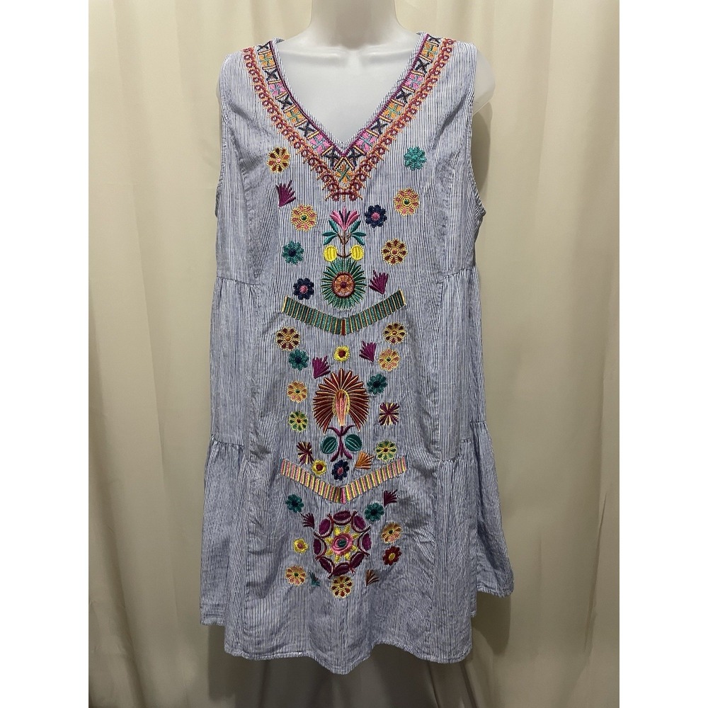 See N Be Seen Blue White Striped Boho Embroidered Colorful Sleeveless Size L